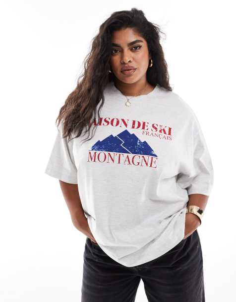 ASOS DESIGN Curve oversized t-shirt with saison de ski graphic in ice marl - view 1