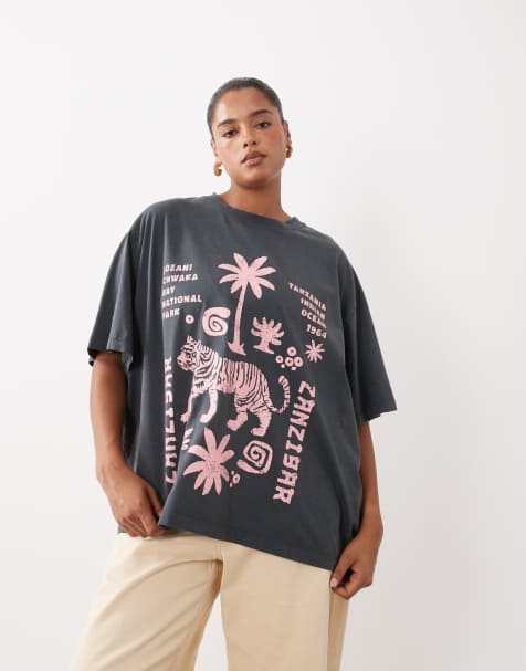 ASOS DESIGN CURVE Oversized T-shirt with scandi tiger graphic in washed charcoal - view 1
