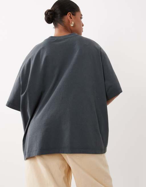 ASOS DESIGN Curve oversized t-shirt with scandi tiger graphic in washed charcoal, 2 of 4