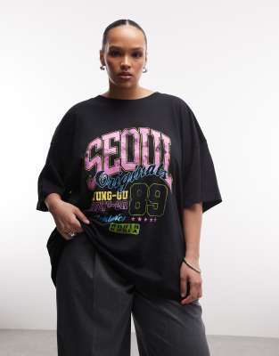 Asos Curve Asos Design Curve Oversized T-shirt With Seoul Graphic In Black