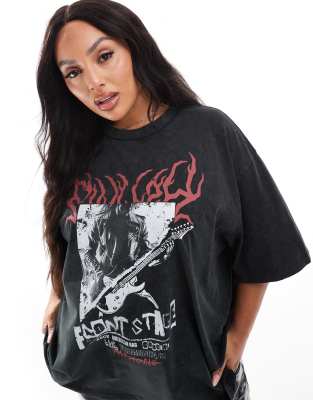 Asos Curve Asos Design Curve Oversized T-shirt With Skeleton Rock Graphic In Washed Charcoal-gray
