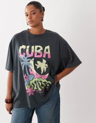 Asos Curve Asos Design Curve Oversized T-shirt With Sketchy Cuba Graphic In Black