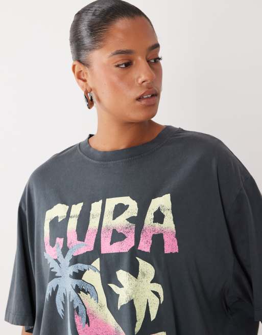 ASOS DESIGN Curve oversized t-shirt with sketchy Cuba graphic in charcoal, 3 of 4