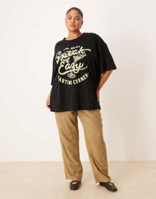 Asos Curve Asos Design Curve Oversized T-shirt With Speak Easy Martini Graphic In Black