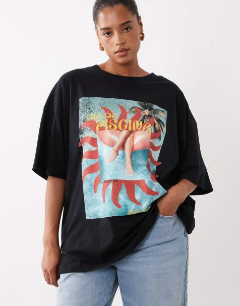 ASOS DESIGN Curve oversized t-shirt with swimming pool photographic print in black - view 1