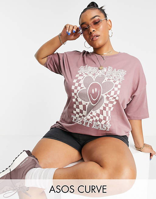 ASOS DESIGN Curve oversized t-shirt with take it easy print in brown