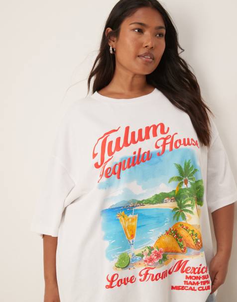 ASOS DESIGN Curve oversized t-shirt with tequila & taco graphic in white - view 1