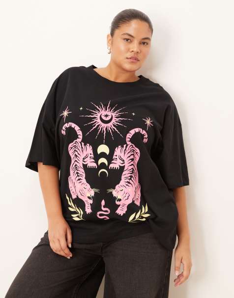 ASOS DESIGN Curve oversized T-shirt with tiger celestial graphic in black - view 1