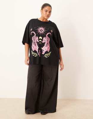 Asos Curve Asos Design Curve Oversized T-shirt With Tiger Celestial Graphic In Black