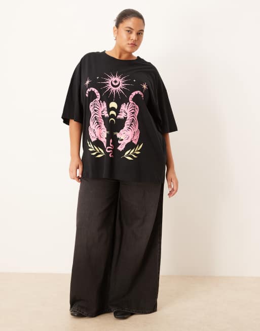 ASOS DESIGN Curve oversized T-shirt with tiger celestial graphic in black
