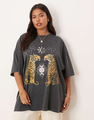 ASOS DESIGN Curve oversized t-shirt with tiger graphic in washed charcoal - view 1