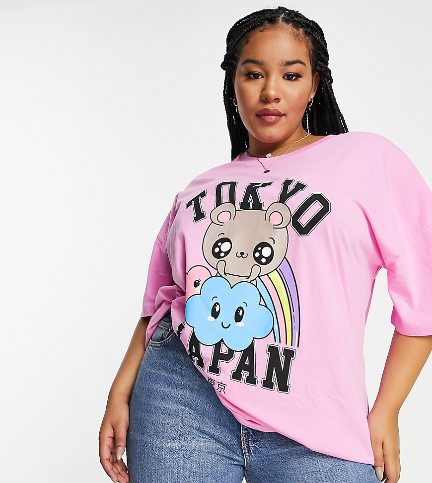 ASOS DESIGN Curve oversized t-shirt with tokyo character print in bright pink-Blue