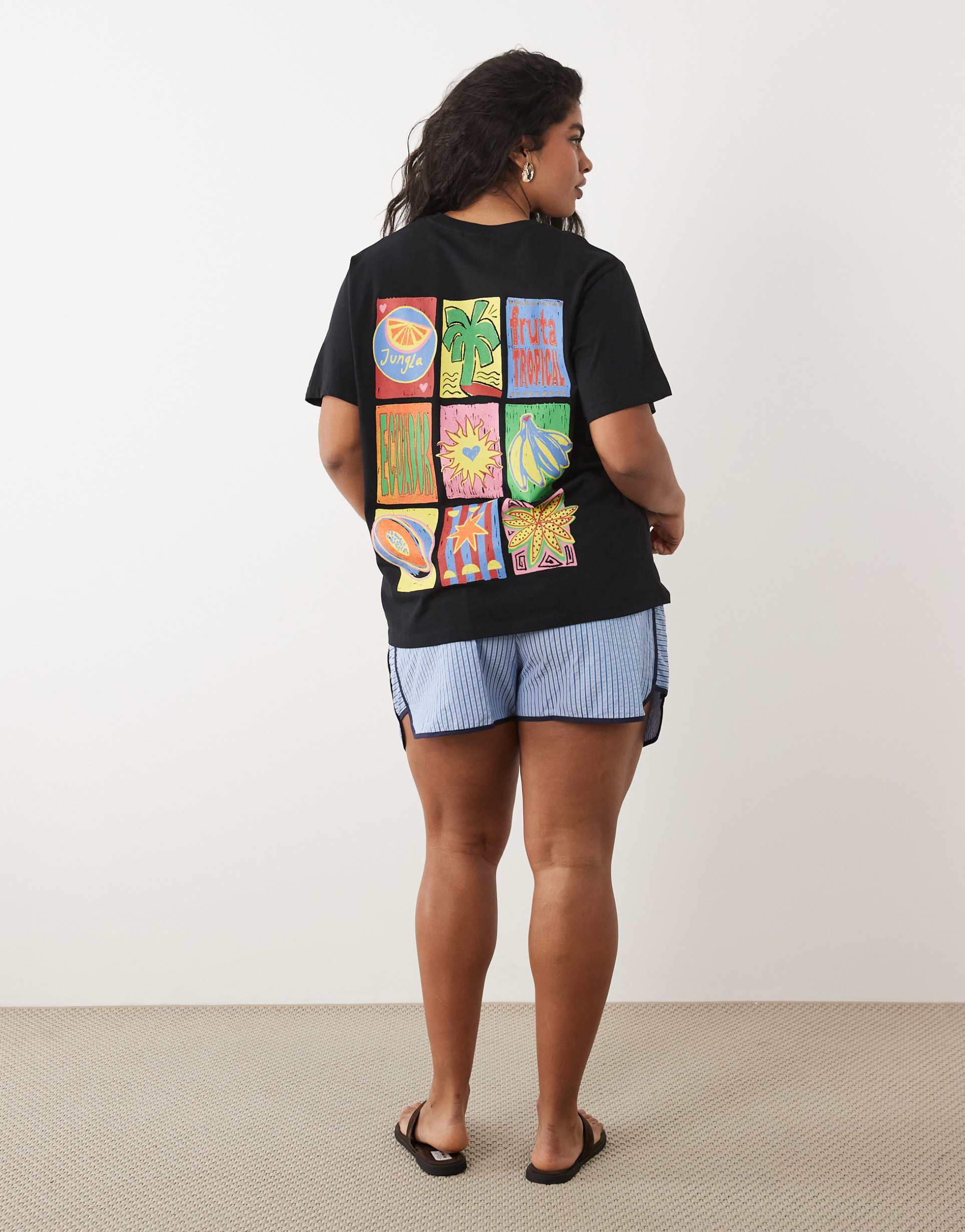asos design curve oversized t-shirt with tropical fruit graphic in black