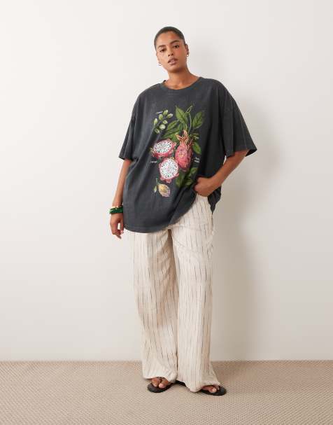 ASOS DESIGN Curve oversized t-shirt with vintage dragon fruit graphic in washed charcoal