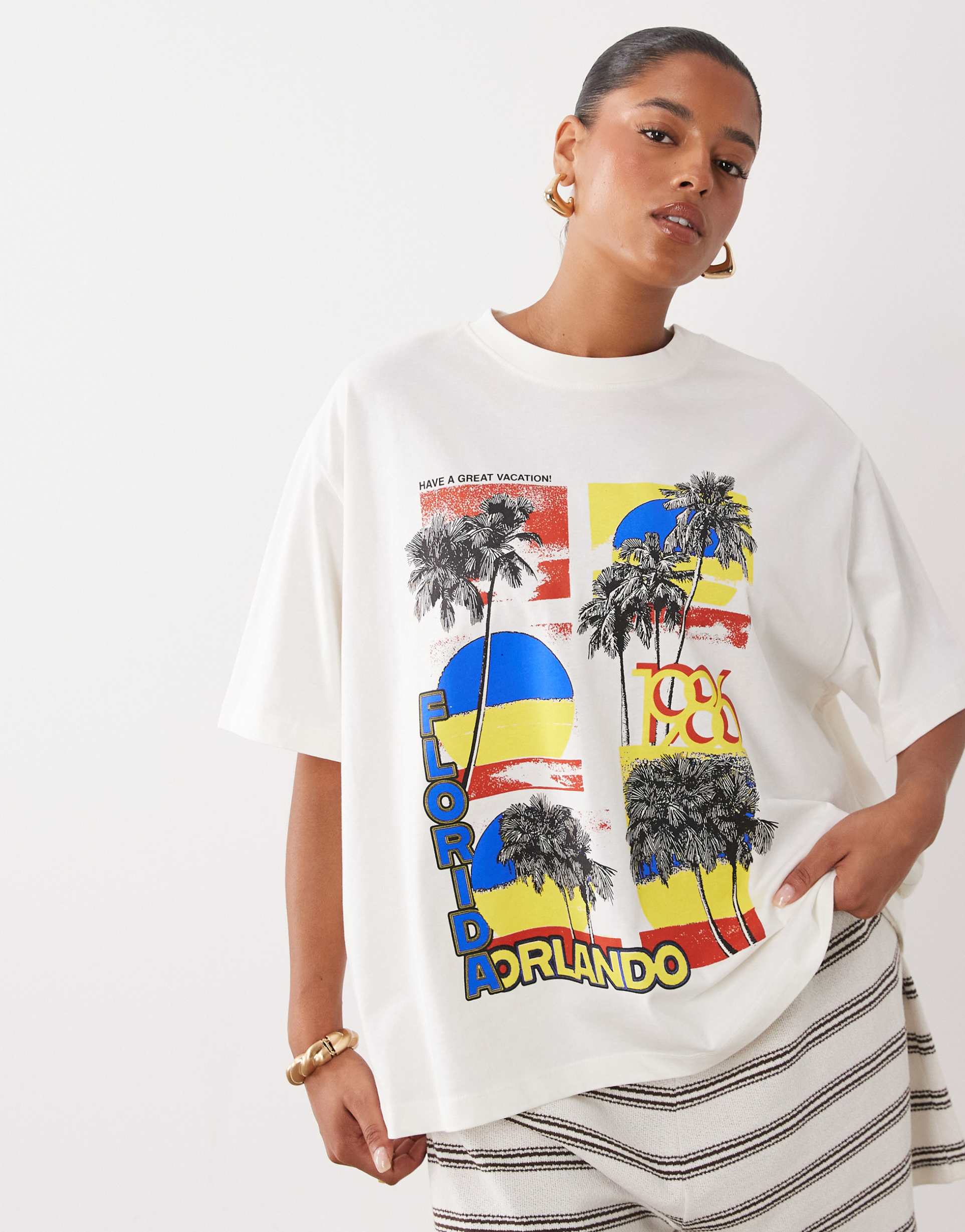 asos design curve oversized t-shirt with vintage florida orlando graphic in cream