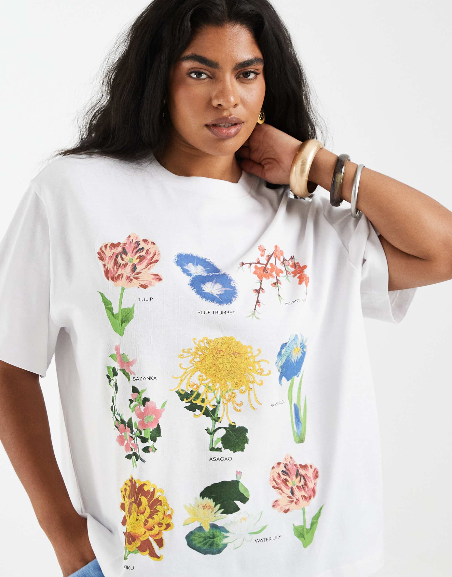 asos design curve oversized t-shirt with vintage flower illustrations graphic in white
