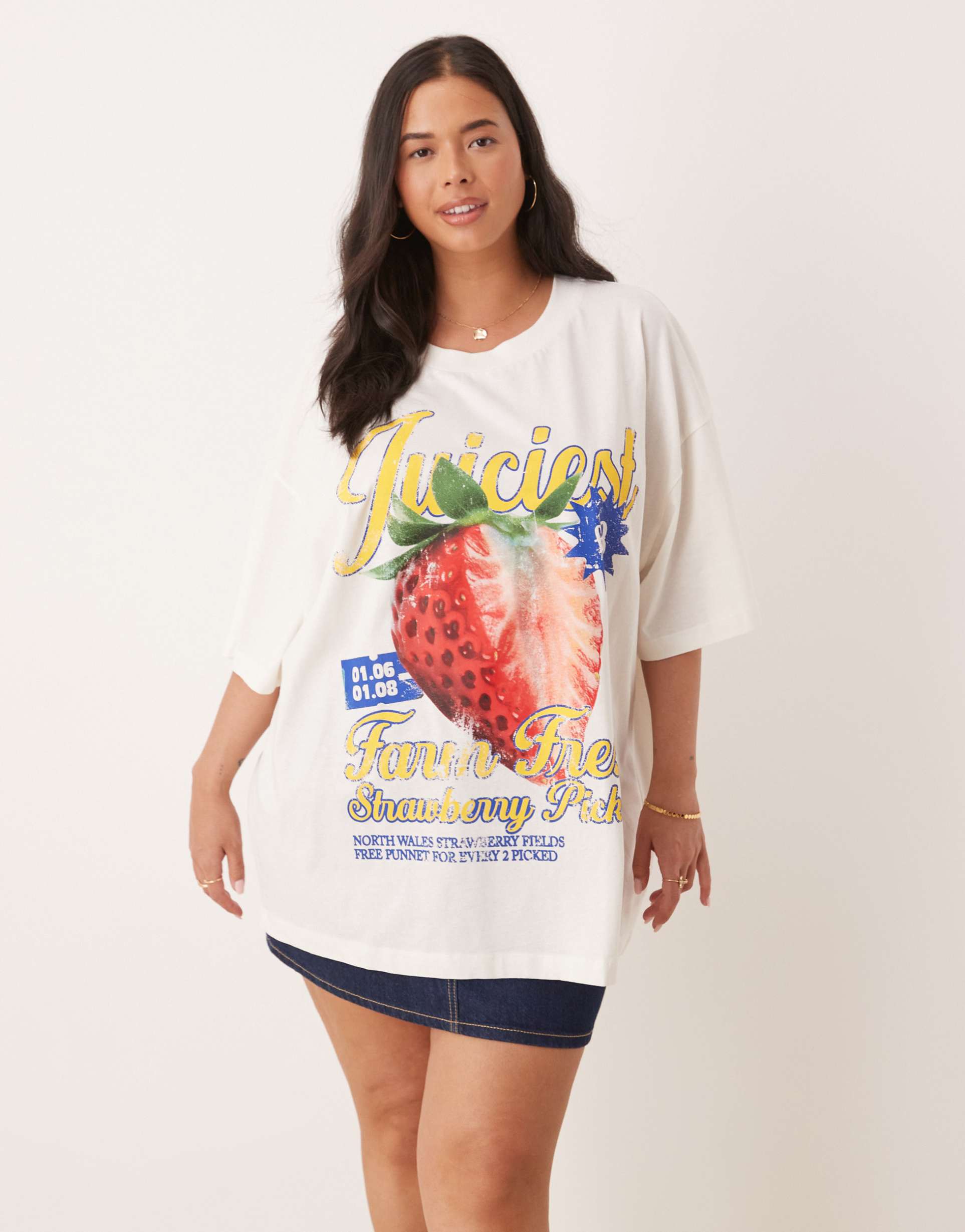 asos design curve oversized t-shirt with vintage strawberry graphic in cream