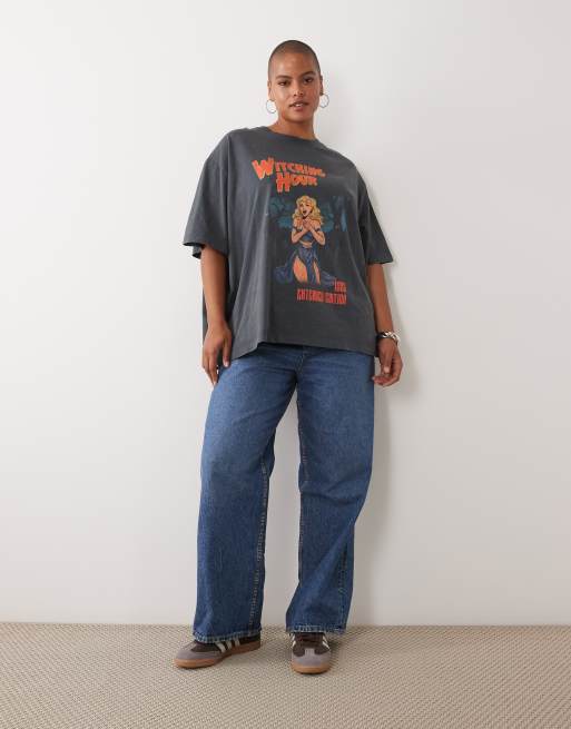 ASOS DESIGN Curve Oversized T-shirt with witching hour graphic in washed charcoal, 2 of 4