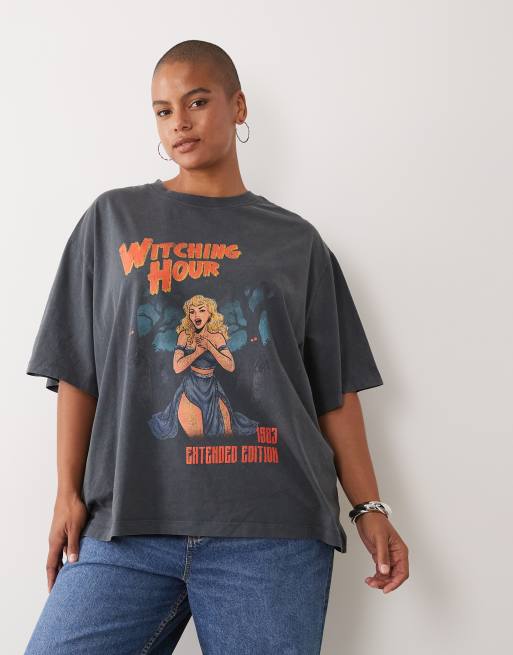 ASOS DESIGN Curve Oversized T-shirt with witching hour graphic in washed charcoal, 3 of 4