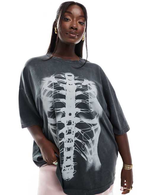 ASOS DESIGN Curve oversized T shirt with X ray skeleton print in washed charcoal