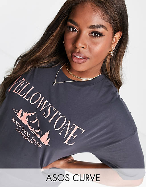 ASOS DESIGN Curve oversized t-shirt with yellow stone print in washed charcoal