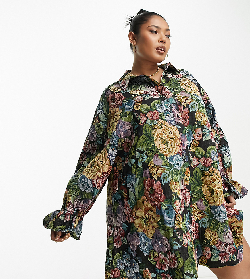 ASOS DESIGN Curve oversized tapestry mini shirt dress in wild flower-Multi