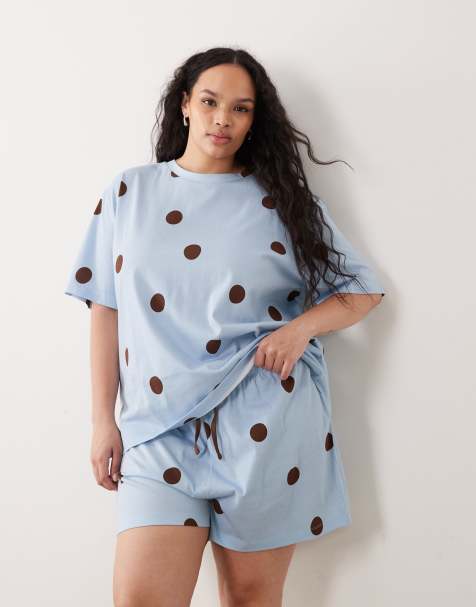 ASOS DESIGN Curve oversized tee and short pajama set in blue & chocolate polka dot - view 1