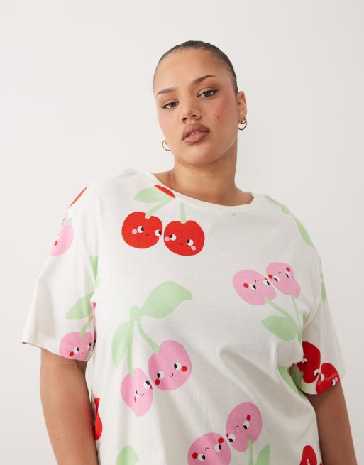 ASOS DESIGN Curve oversized tee and short pyjama set with cherry print in red & pink, 4 of 4