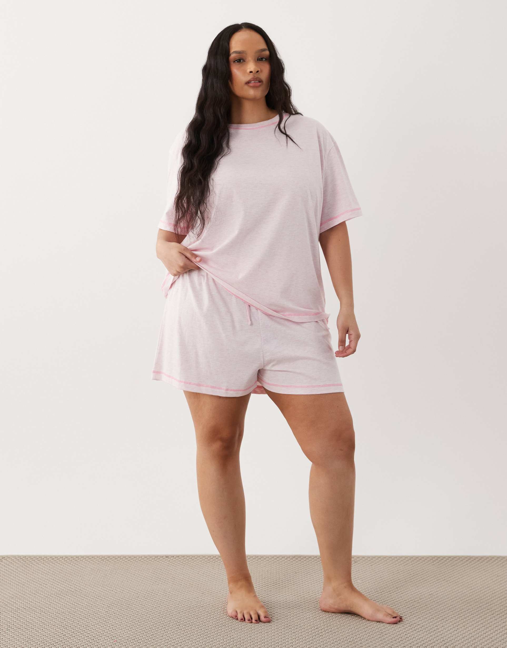 asos design curve oversized tee and shorts pajama set in dusty pink with contrast overlock stitch