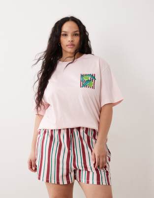 Asos Curve Asos Design Curve Oversized Tee And Shorts Pajama Set With Farmers Market Graphic-pink