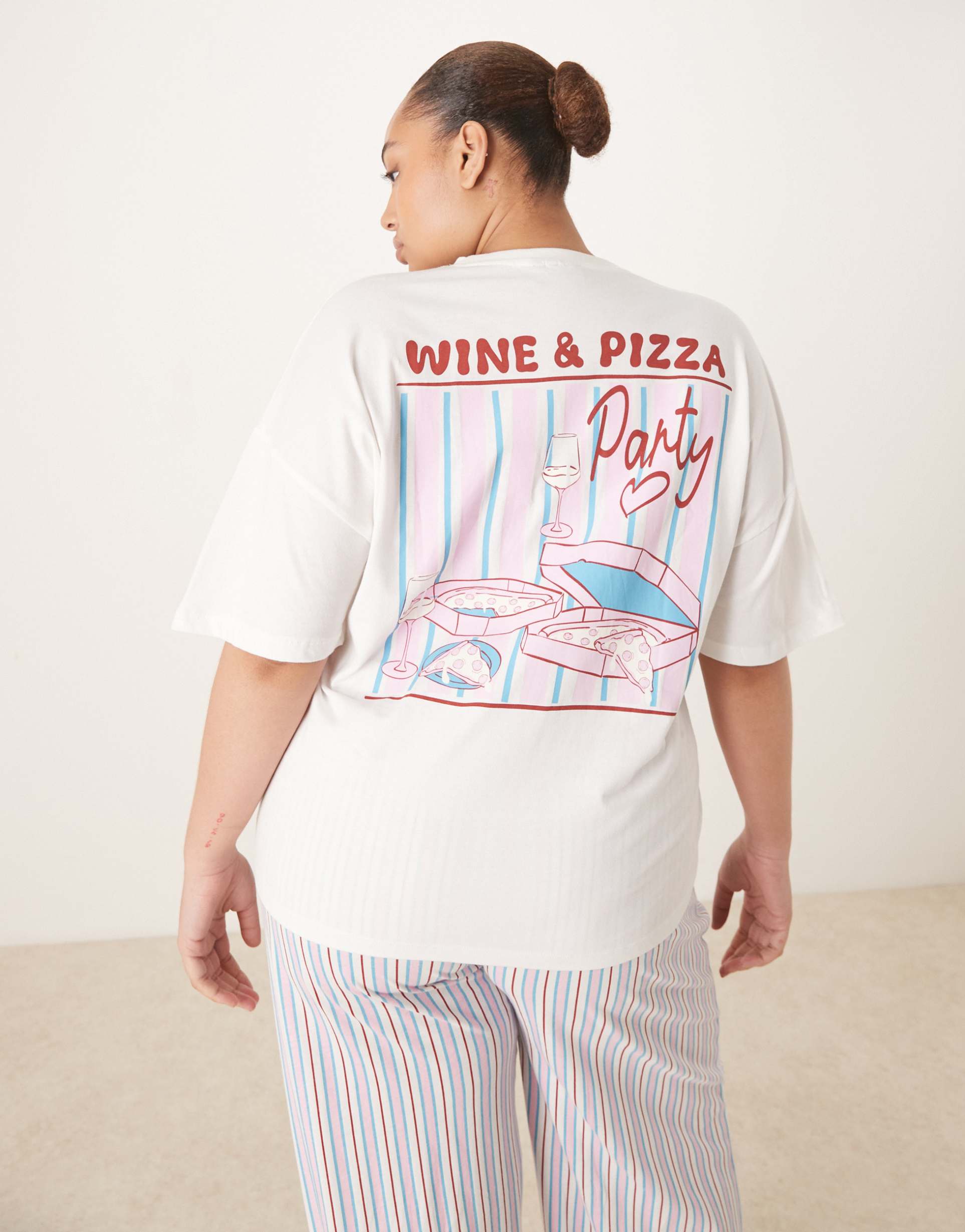 asos design curve oversized tee and wide leg jersey pants pajama set in pizza & wine graphic