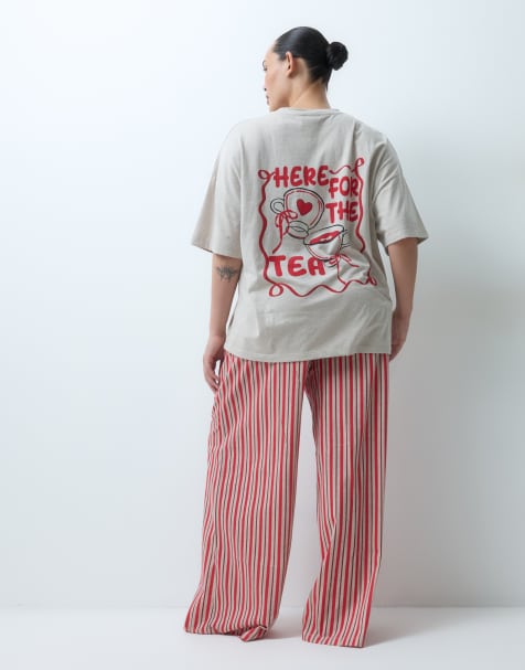 ASOS DESIGN Curve oversized tee and wide leg pyjama set with tea graphic in oatmeal - view 1