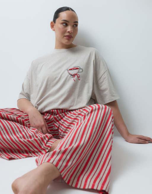 ASOS DESIGN Curve oversized tee and wide leg pyjama set with tea graphic in oatmeal, 2 of 5