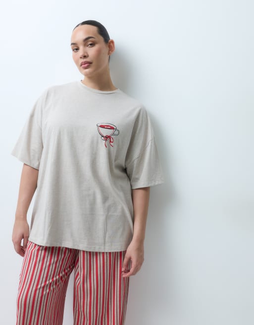 ASOS DESIGN Curve oversized tee and wide leg pyjama set with tea graphic in oatmeal, 3 of 5