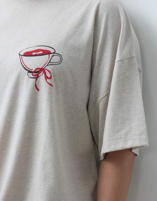 ASOS DESIGN Curve oversized tee and wide leg pyjama set with tea graphic in oatmeal, 4 of 5