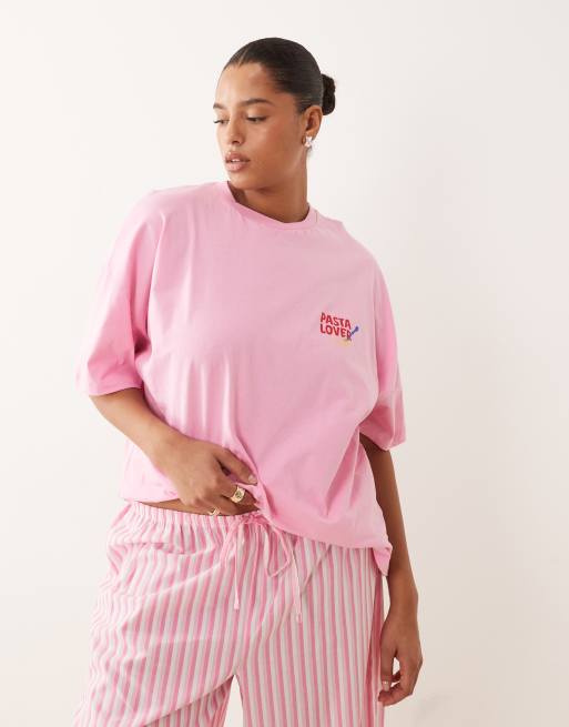 ASOS DESIGN Curve oversized tee and woven wide leg pants pajama set in pink pasta graphic, 2 of 4