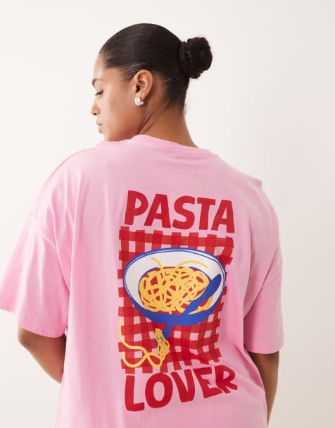 ASOS DESIGN Curve oversized tee and woven wide leg trouser pyjama set in pink pasta graphic - view 1