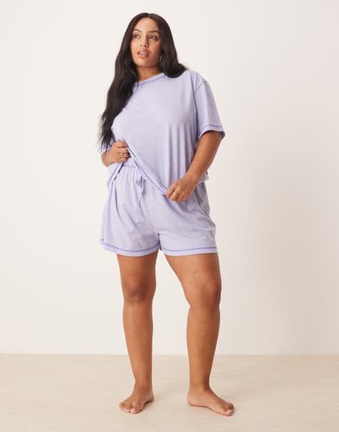 ASOS DESIGN Curve oversized tee & short pyjama set in lilac marl - view 1