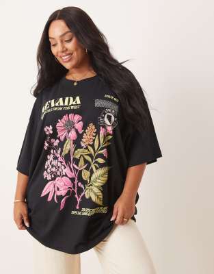 ASOS DESIGN Curve oversized tee with nevada floral graphic in black - view 1