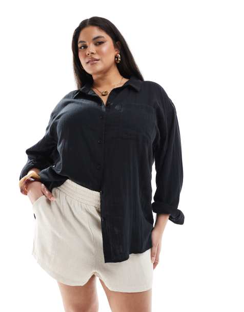 ASOS DESIGN Curve oversized textured cotton shirt in black - view 1