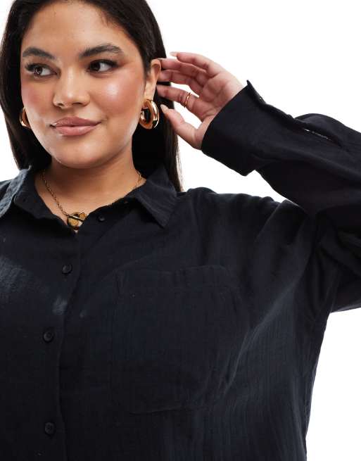 ASOS DESIGN Curve oversized textured cotton shirt in black