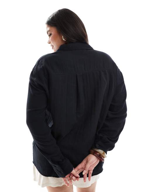 ASOS DESIGN Curve oversized textured cotton shirt in black