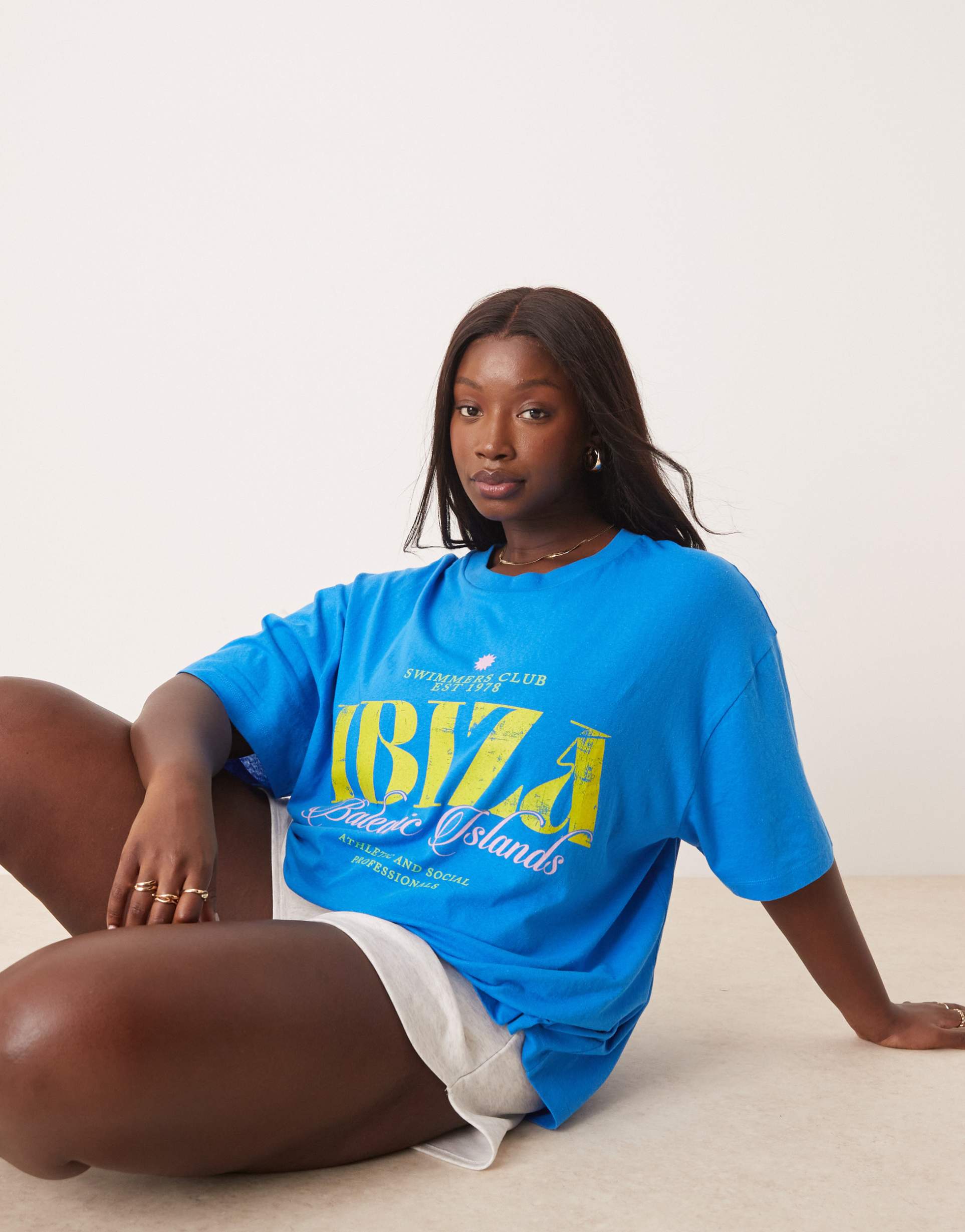 asos design curve oversized textured t-shirt with ibiza graphic in blue