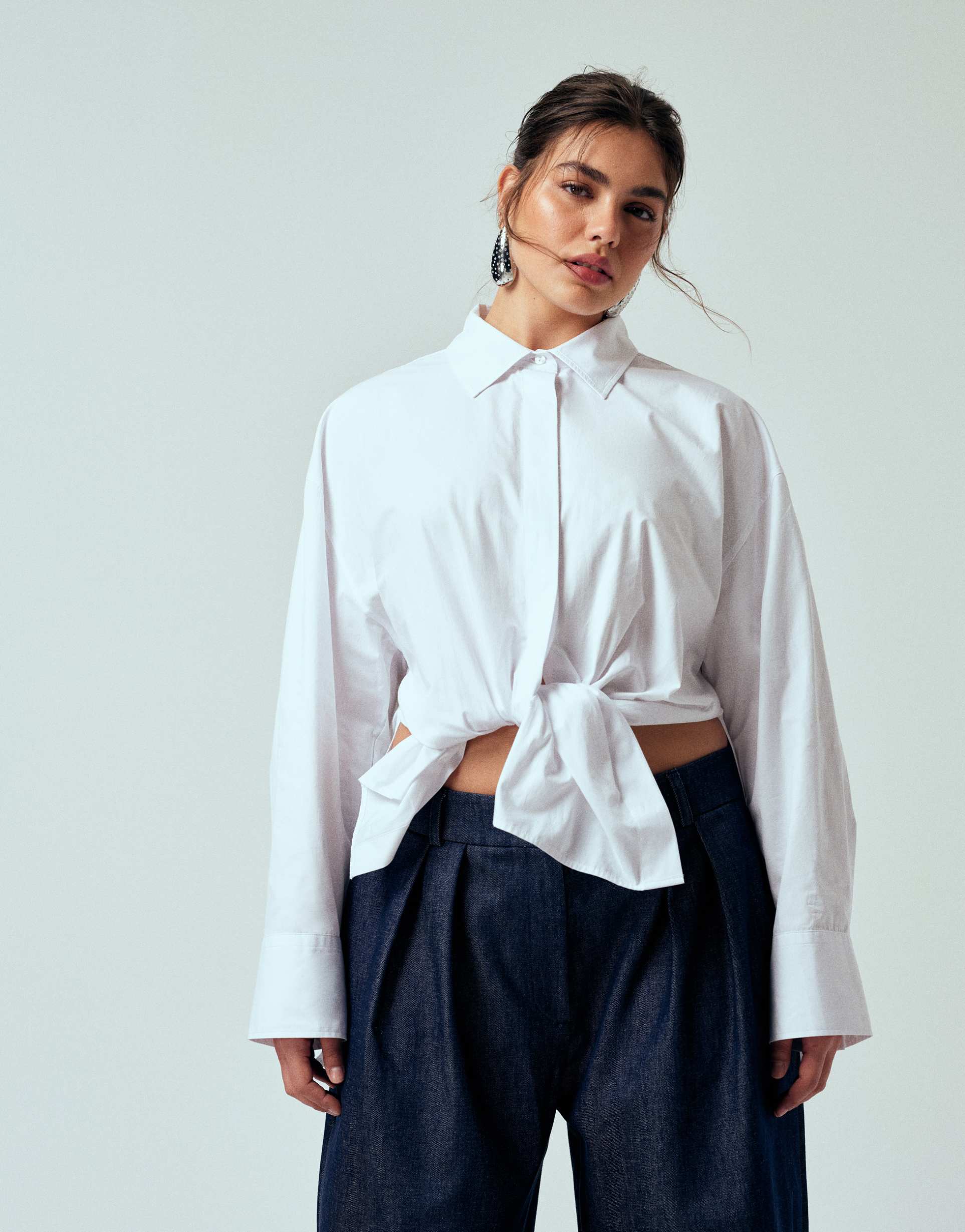 asos design curve oversized tie front shirt in white