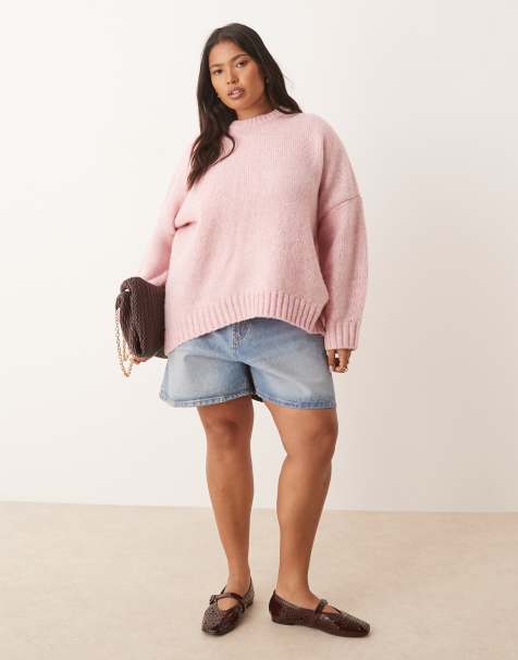 ASOS DESIGN Curve - Oversized trui met ronde hals en ronde zoom in roze - view 1