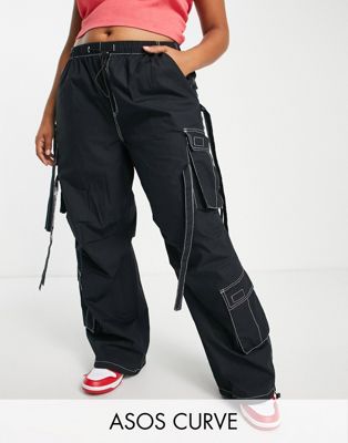 ASOS DESIGN Curve oversized utility combat trouser in black with contrast stich