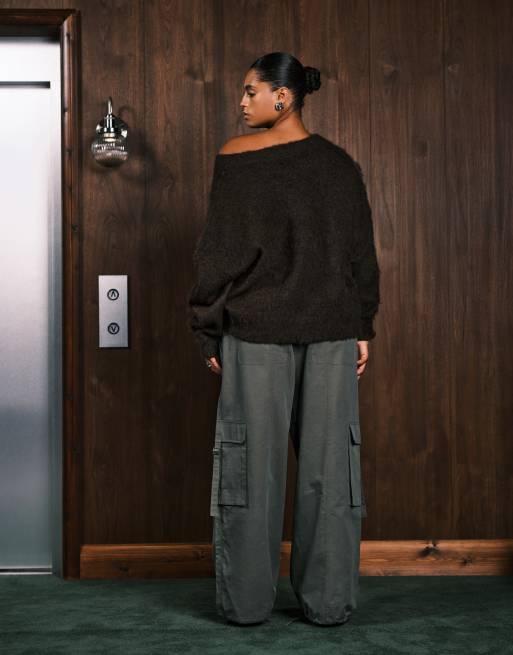 ASOS DESIGN Curve oversized utility pull on trousers with tab detail in khaki, 4 of 5