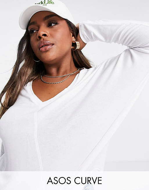 ASOS DESIGN Curve oversized v neck batwing sleeve top in white