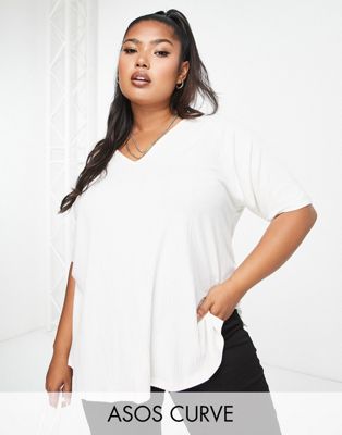 ASOS DESIGN Curve oversized v-neck t-shirt in rib in white - ASOS Price Checker