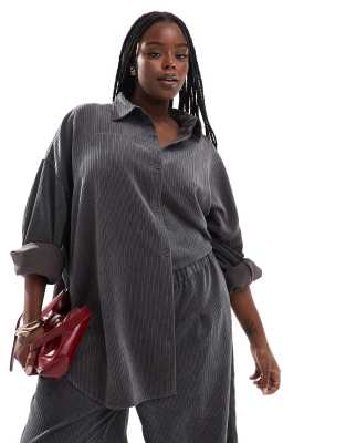 ASOS DESIGN Curve oversized variegated cord shirt in gray - part of a set